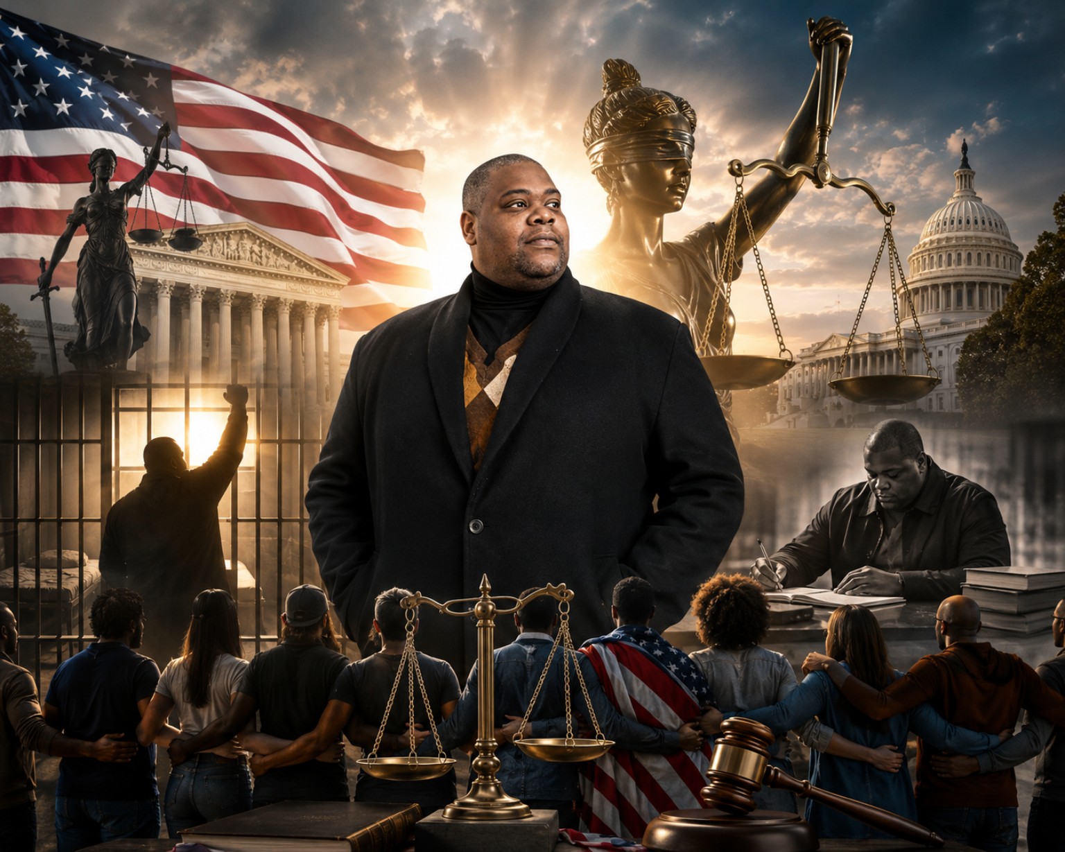 Campaign artwork showing John Robert Badger, the American people, and symbols of justice