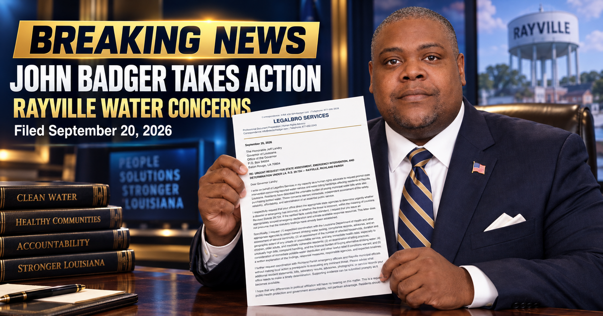 Breaking news image showing John Badger with his filed request concerning Rayville water issues